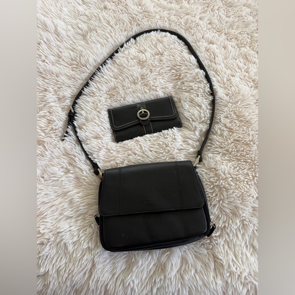 Crazy Horse By Liz Claiborne Handbags - Black Leather Crossbody Bag with Matching Wallet Set